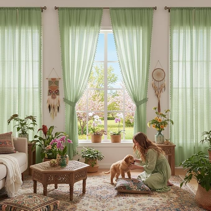 WAZZIO Boho Lace Curtains 84 Inches 2 Panel, Light Filtering Privacy Tassel & - Image 2