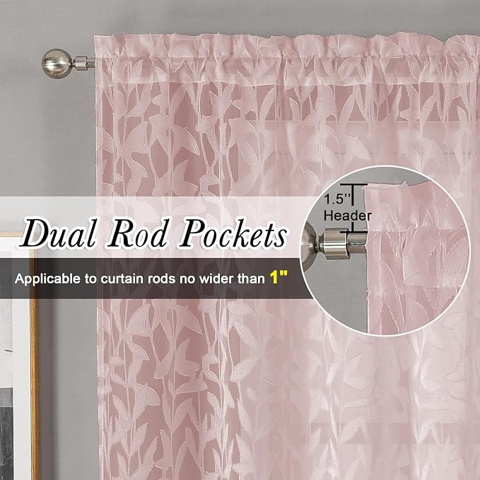 Lecloud Leia Blush Pink Kitchen Sheer Curtains 24 Inch 2 Pcs, Jacquard Leaf - Image 5