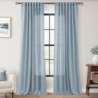 Dusty Blue Linen Curtains for Living Room Back Tab Light Filtering Semi Sheer by Jolilight