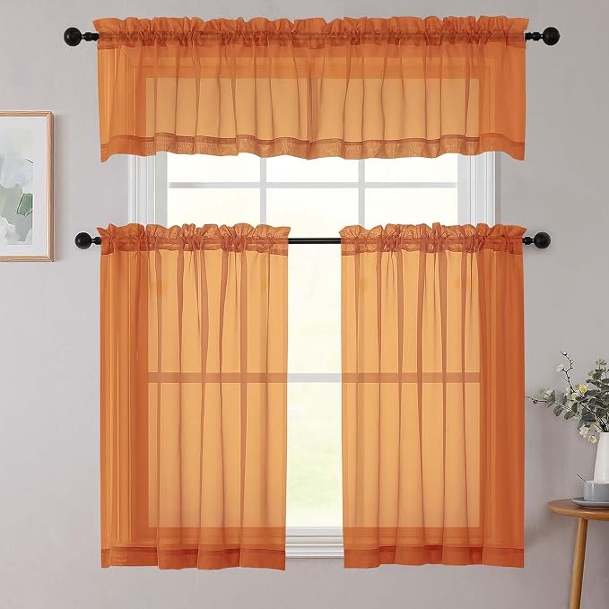 Orange Kitchen Curtains 30 Inch Length Tier 2 PCS, Solid Soft Airy Half Curtains - Image 8