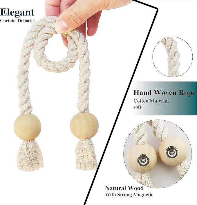 4 Pack Magnetic Curtain Tiebacks Cotton Hand Woven Tie Back Decorative Rope - Image 2