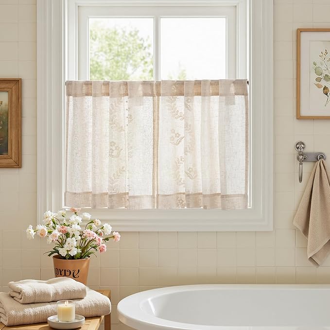 jinchan Belrose Linen Floral Kitchen Curtains 24 inch Length Embroidered - Image 9