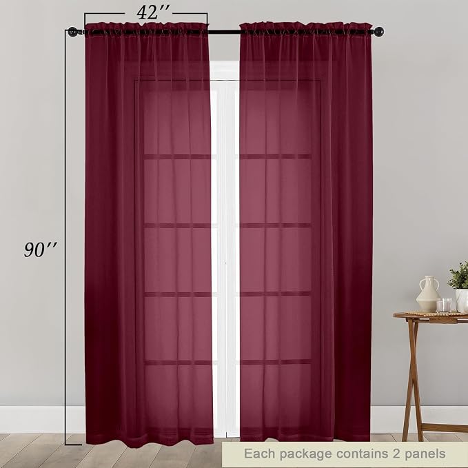 Sheer Burgundy Curtains for Bedroom Living Room 90 Inches Long 2 Panels Set - Image 2
