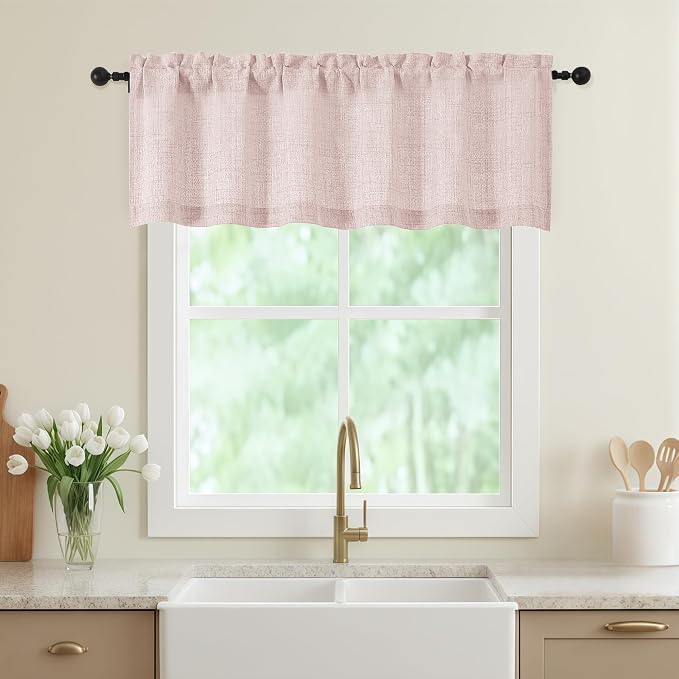 Blush Pink Valances for Windows, Light Filtering Faux Linen Textured Small by WelvetBLK