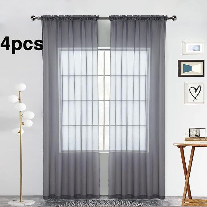 SpaceDresser Grey Sheer Curtains 4 Panels Rod Pocket Semi-Sheer Curtain 96 - Image 2