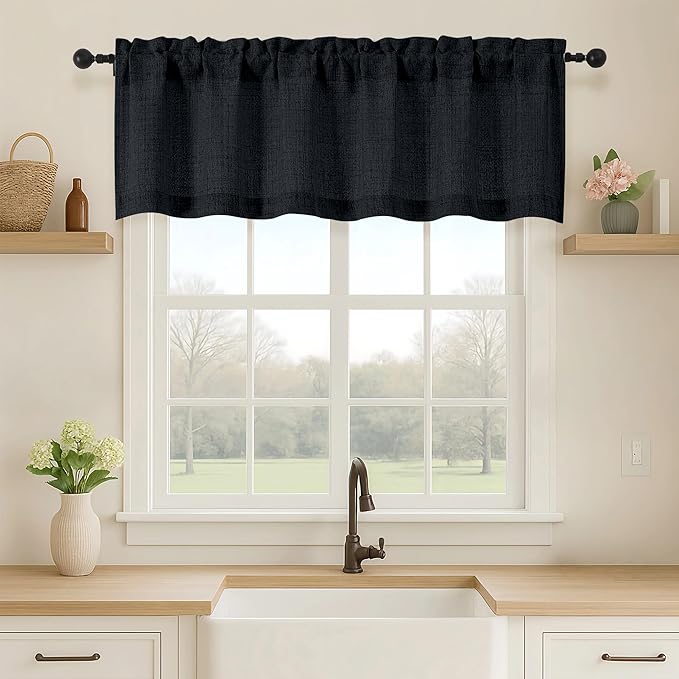 OVZME Black Valance for Windows, Light Filtering Faux Linen Textured Small by OVZME