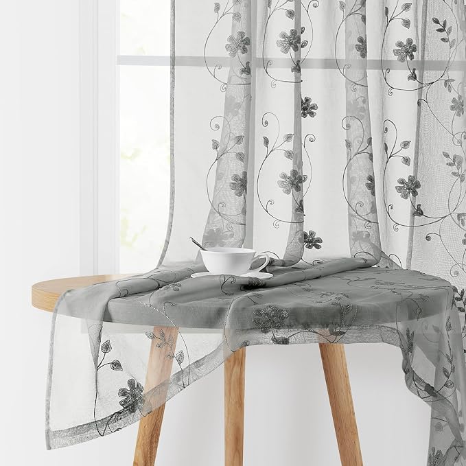 HOMEIDEAS Grey Sheer Curtains 84 Inches Long 2 Panels Embroidered Floral by HOMEIDEAS