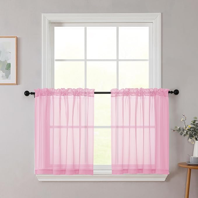 Kitchen Curtains 24 Inch Length Tier 2 Pieces, Cafe Bathroom Basement Rod by WelvetBLK