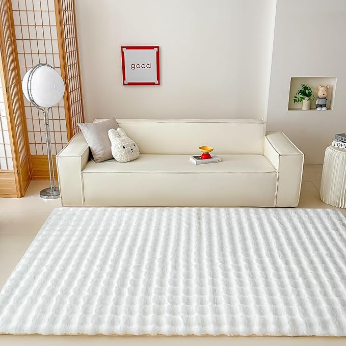 White Rabbit Plush Rug 5'x8', Fluffy Faux Fur Shaggy Area Rug - Image 2