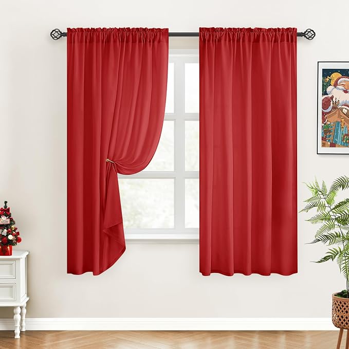 HOMEIDEAS Christmas Non-See-Through Red Privacy Sheer Curtains, 52 X 63 Inches by HOMEIDEAS