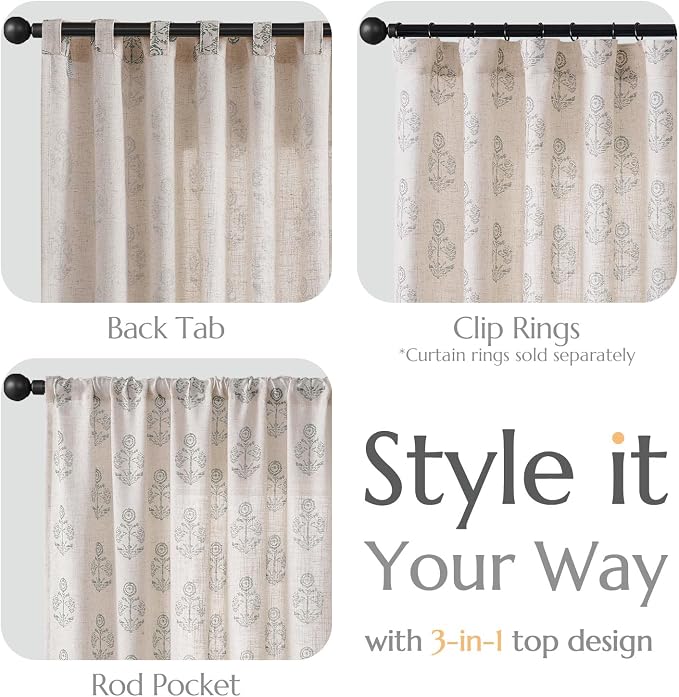 jinchan Linen Floral Curtains for Living Room 96 Inch Length Gray Flower - Image 6