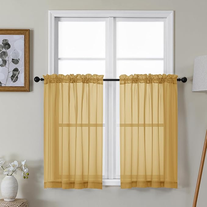 Gwine Gold Sheer Kitchen Curtains 36 Inch Length, Light Filtering Voile Soft by Gwine