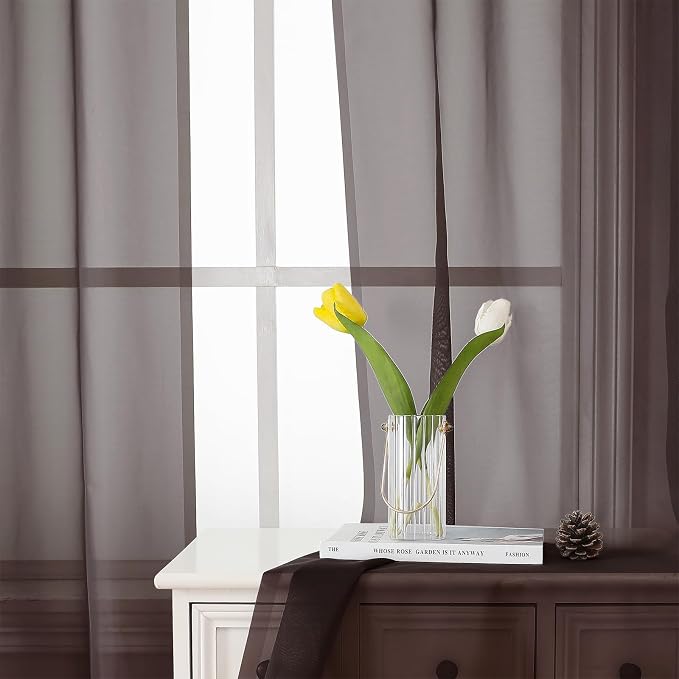 Lecloud Chocolate Sheer Curtains 36 Inch Length 2 Panels, Solid Voile Small - Image 9
