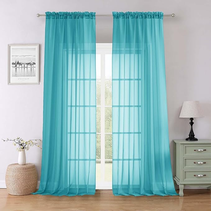 Lecloud Turquoise Sheer Curtains 96 Inches Long 2 Pcs, Light Filtering Window by Lecloud