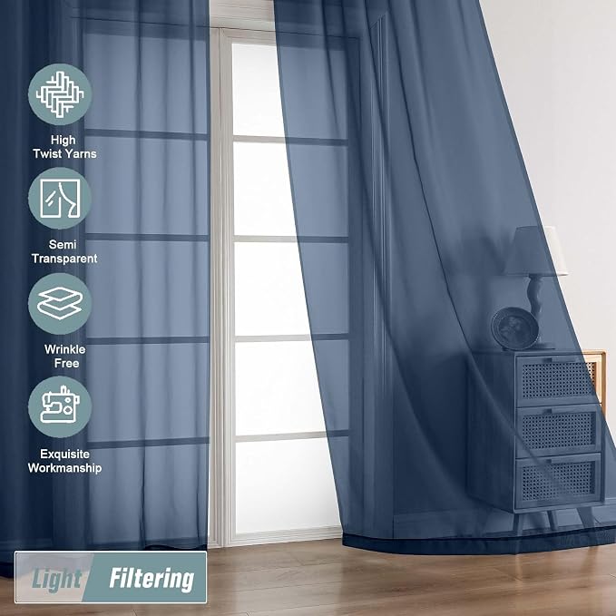 Navy Blue Sheer Curtains 90 Inches Long 2 Panels, Light Filtering Solid Sheer - Image 5