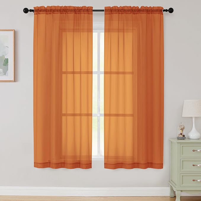 Sheer Orange Curtains for Bedroom Living Room 63 Inch Length 2 Panels, Airy by WelvetBLK