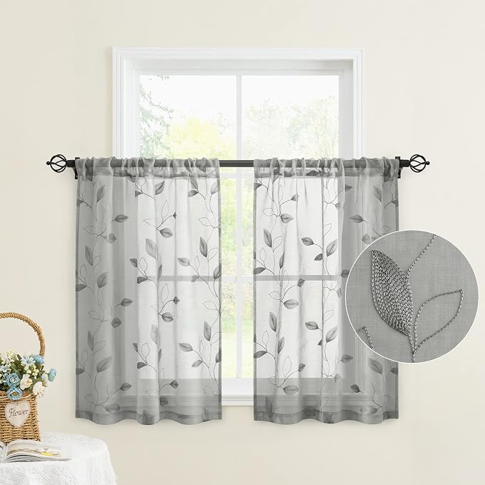 HOMEIDEAS Grey Sheer Kitchen Curtains 30 X 36 Inch Length 2 Panels Embroidered - Image 4
