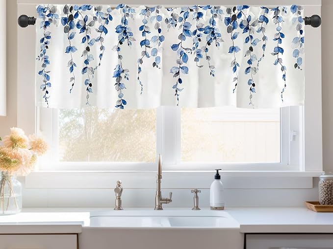 2 Pack Watercolor Blue Leaves Window Valance - Image 2