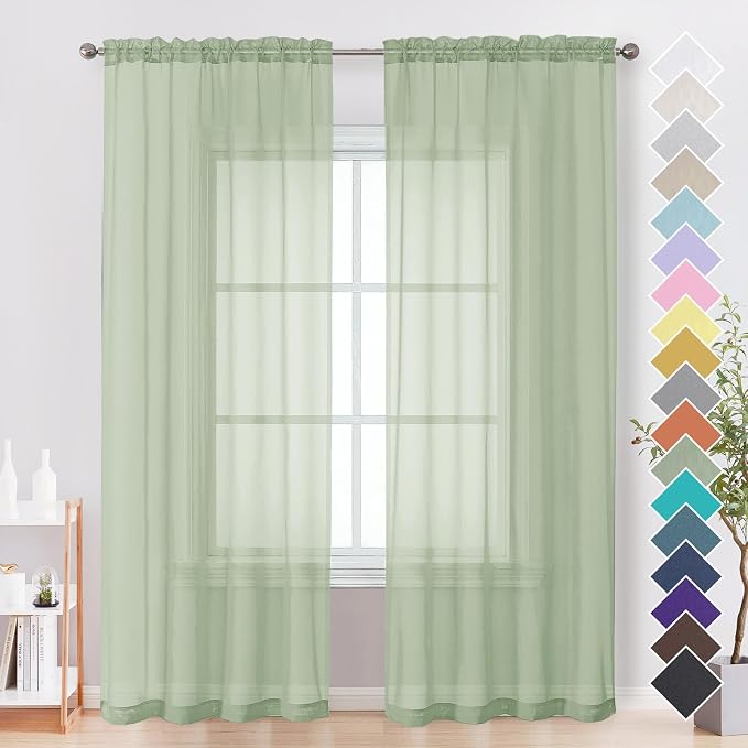 OVZME Light Green Sheer Curtains 96 Inches Long 2 Panels by OVZME