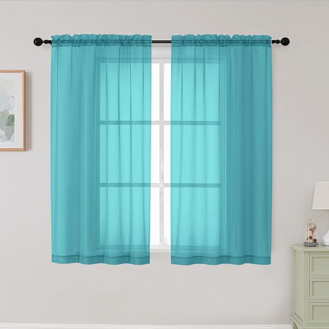 Turquoise Sheer Curtains for Bedroom Living Room 45 Inch Length 2 Panels by WelvetBLK