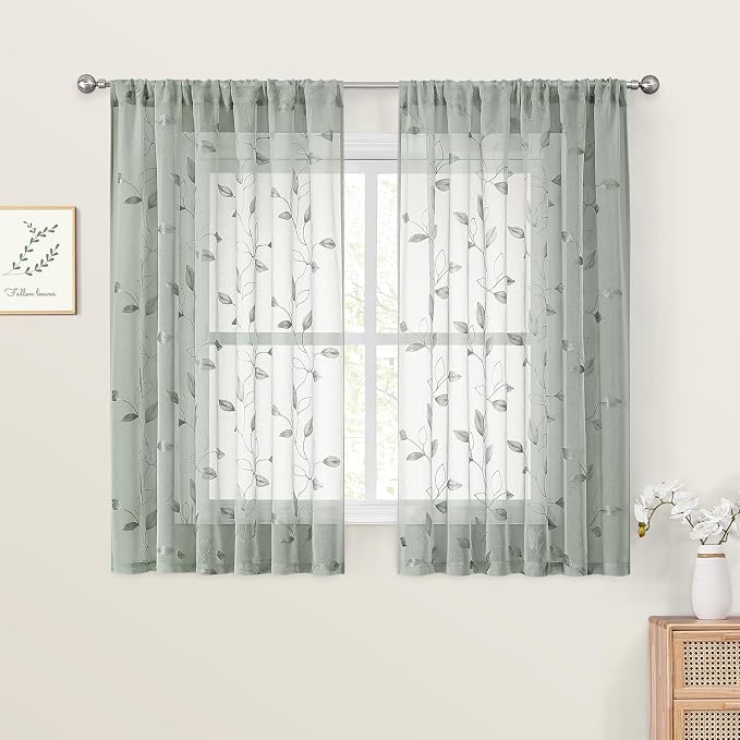 HOMEIDEAS Sage Green Sheer Curtains 52 x 54 Inch Length 2 Panels Embroidered by HOMEIDEAS