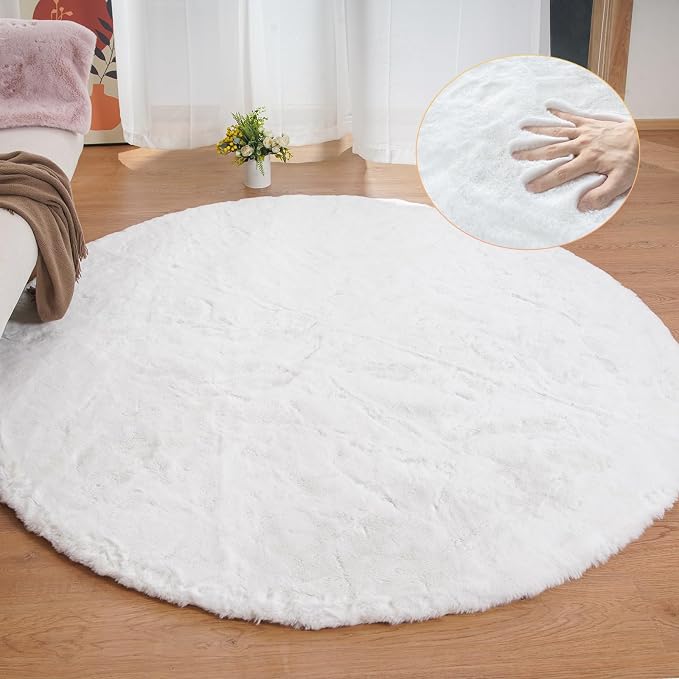 ORINOVA White Round Shag Rugs 6ft Faux Rabbit Washable Fur Area Rugs - Image 4