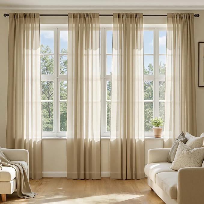 MIULEE Beige Sheer Curtains 63 Inches Long, 4 Panels Set, Rod Pocket Voile by MIULEE