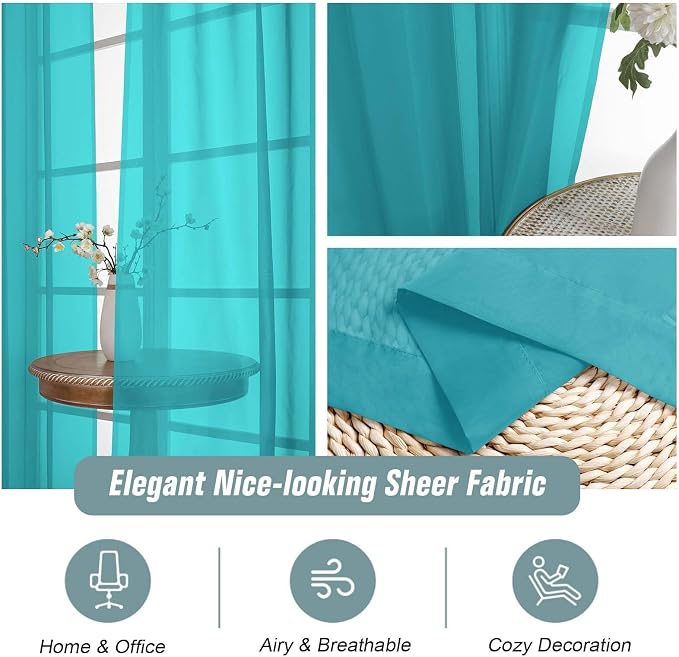 Turquoise Sheer Curtains 90 Inches Long 2 Panels, Light Filtering Solid Sheer - Image 4