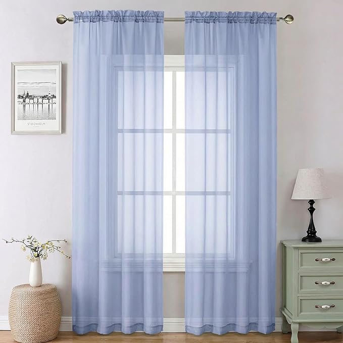 Lecloud Denim Blue Sheer Curtains 90 Inches Long 2 Panels, Voile Rod Pocket by Lecloud