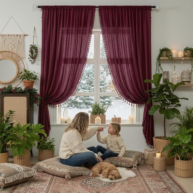 WAZZIO Boho Lace Curtains 63 Inches 2 Panel, Light Filtering Privacy Tassel & - Image 2