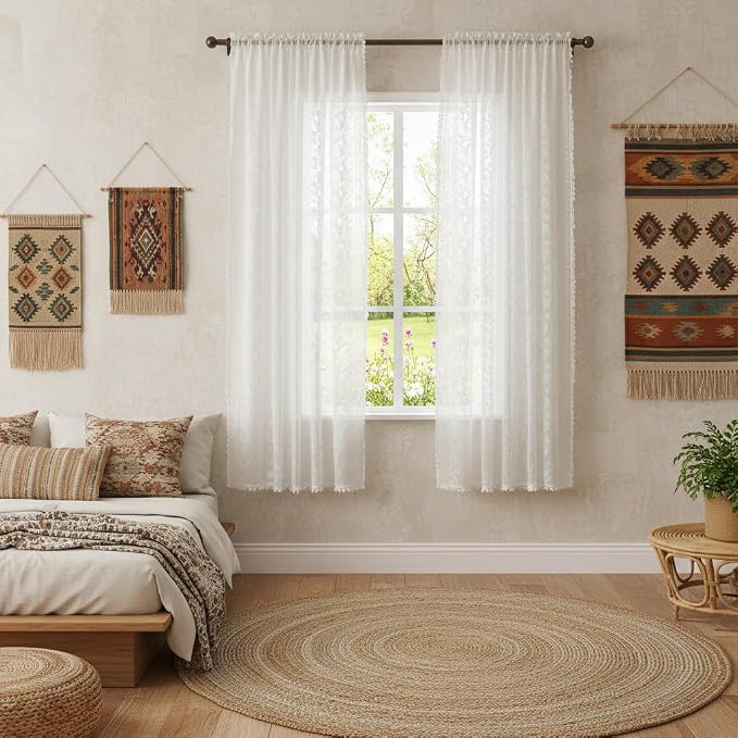 WAZZIO Boho Lace Curtains 2 Panels 63 Inches -Cute Vintage Victorian Sheer - Image 3