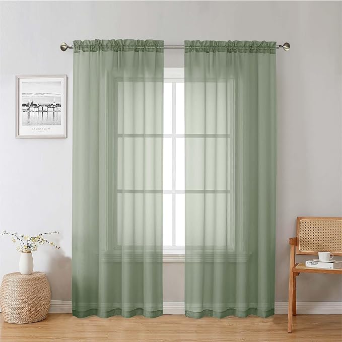 Lecloud Sage Green Sheer Curtains 78 Inches Long 2 Pcs, Modern Solid Voile by Lecloud