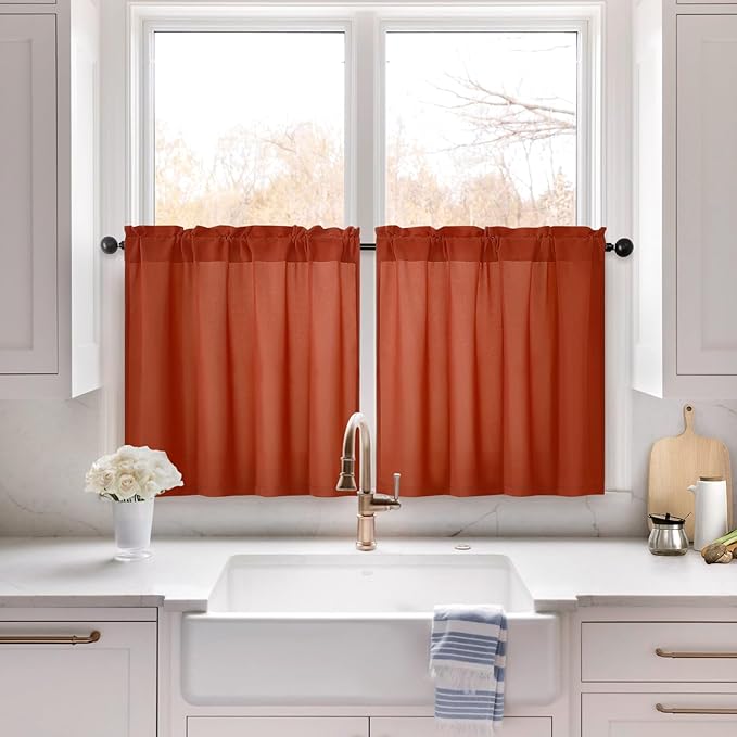 HOMEIDEAS Non-See-Through Fall Burnt Orange Privacy Sheer Kitchen Curtains by HOMEIDEAS