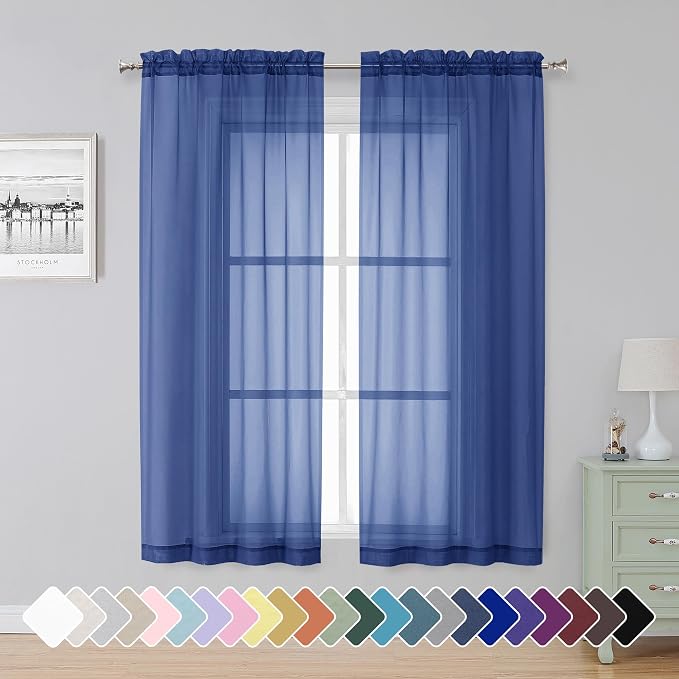 Simplebrand Royal Blue Sheer Curtains 63 Inch Length 2 Panels, Rod Pocket Solid by Simplebrand