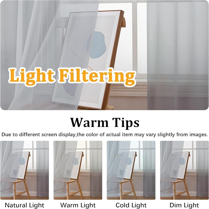 Gwine Light Grey Sheer Kitchen Curtains 36 Inch Length, Light Filtering Voile - Image 5