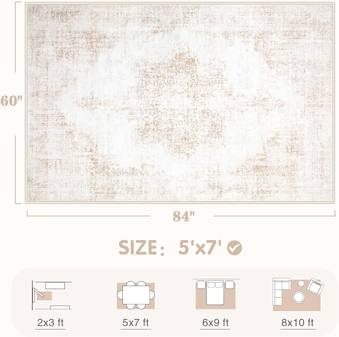 Area Rug 5x7 Vintage Rug: Washable Living Room Rugs Retro Medallion Distressed - Image 2