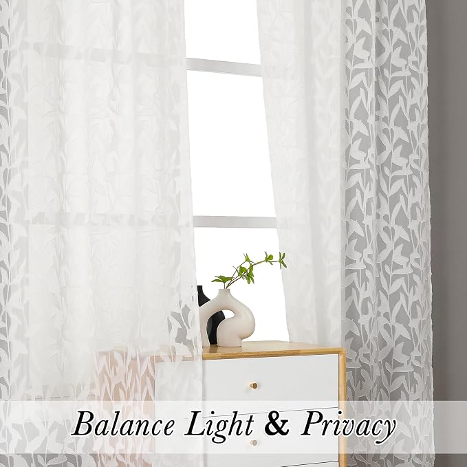 Lecloud Leia Clip Textured Leaf Ivory Sheer Curtain 63 Inch Length 2 Panels - Image 3