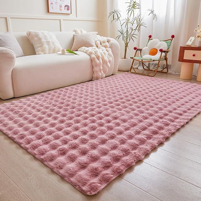 Pink Rabbit Plush Rug 5'x8', Fluffy Faux Fur Shaggy Area Rug - Image 2