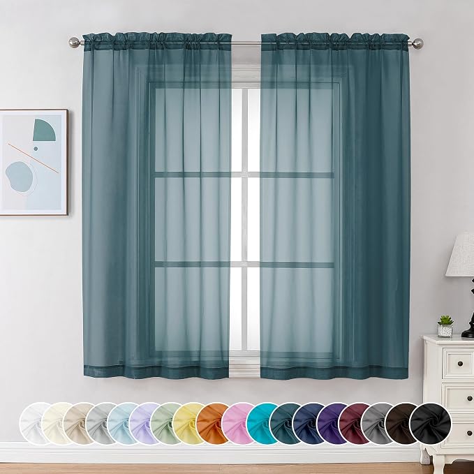Chyhomenyc Stone Blue Sheer Curtains 54 Inch Long 2 Panels, Light Filtering Rod - Image 2