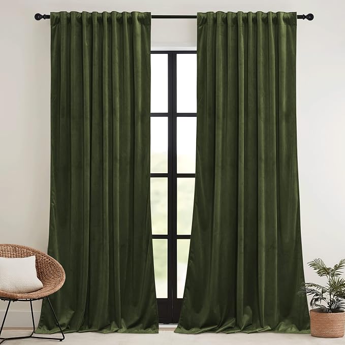 RYB HOME Olive Green Velvet Curtains 90 inches Long - Image 4