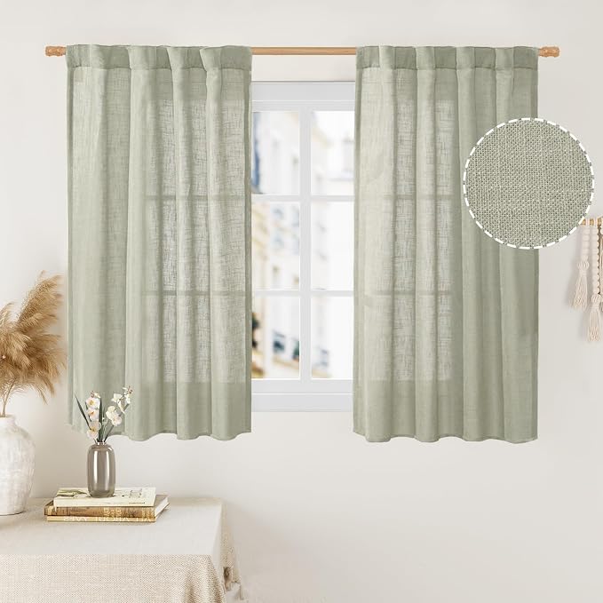 LAMIT Sage Grey Linen Curtains 48 Inch Length 2 Panels, Light Filtering Panels by LAMIT