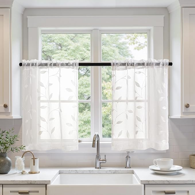 MIULEE White Sheer Curtains 2 Panels Embroidered Leaf Patterned Rod Pocket by MIULEE