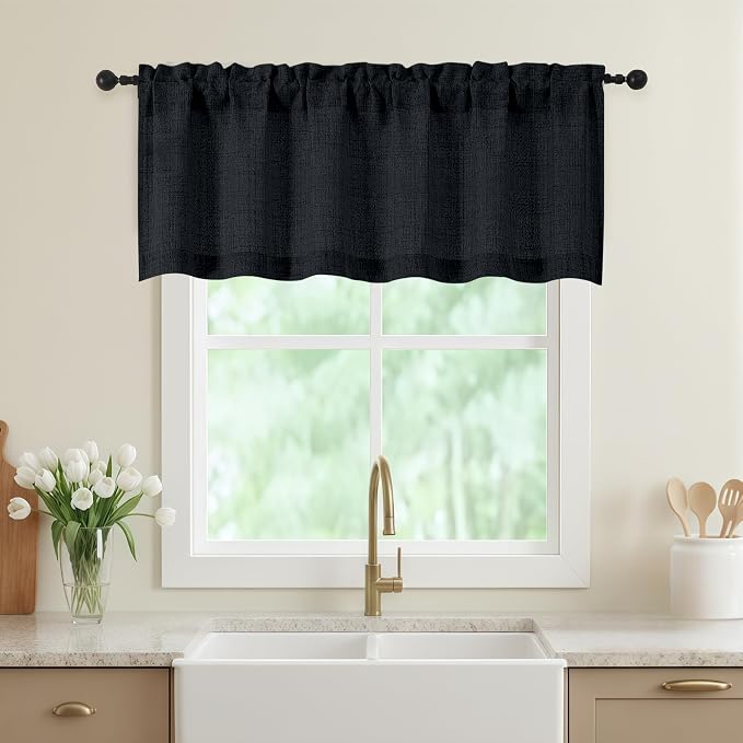 Black Valances for Windows, Light Filtering Faux Linen Textured Small Short by WelvetBLK