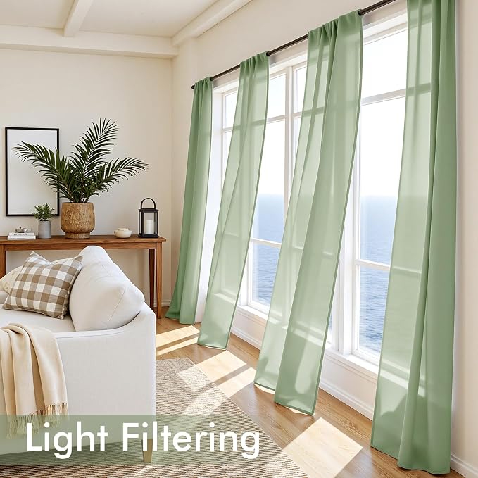 MIULEE Sage Green Sheer Curtains 63 Inches Long, 4 Panels Set, Light Filtering - Image 4