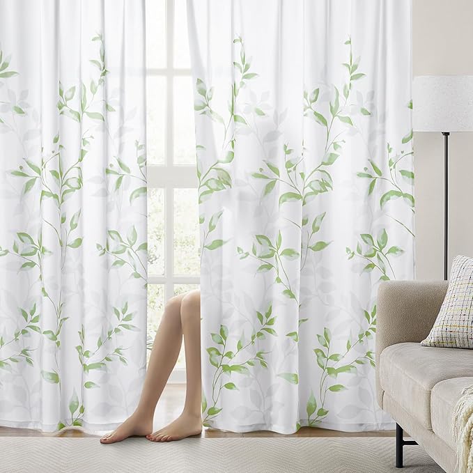 HOMEIDEAS Non-See-Through Sage Green and White Privacy Sheer Curtains 52 X 96 - Image 2