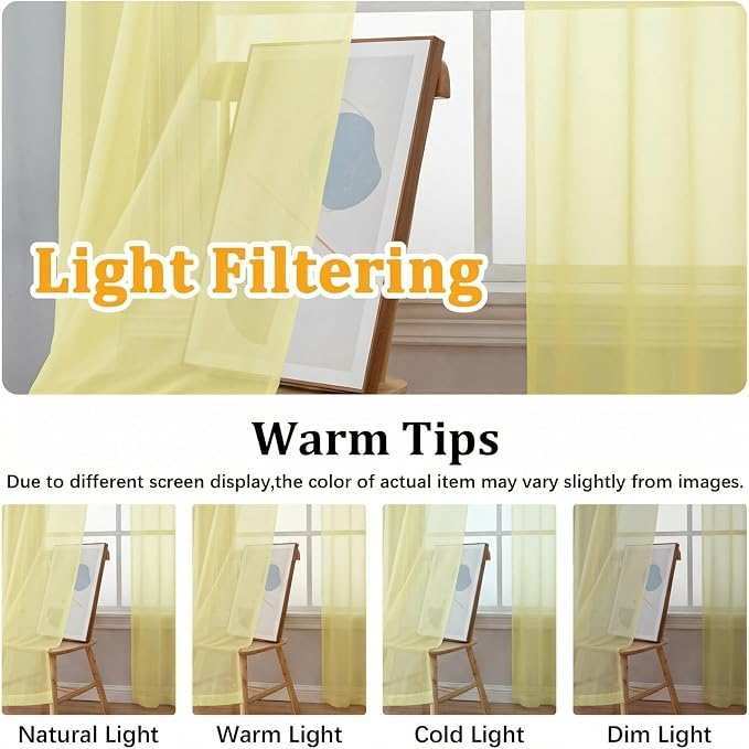 Gwine Light Yellow Sheer Kitchen Curtains 36 Inch Length - Image 4