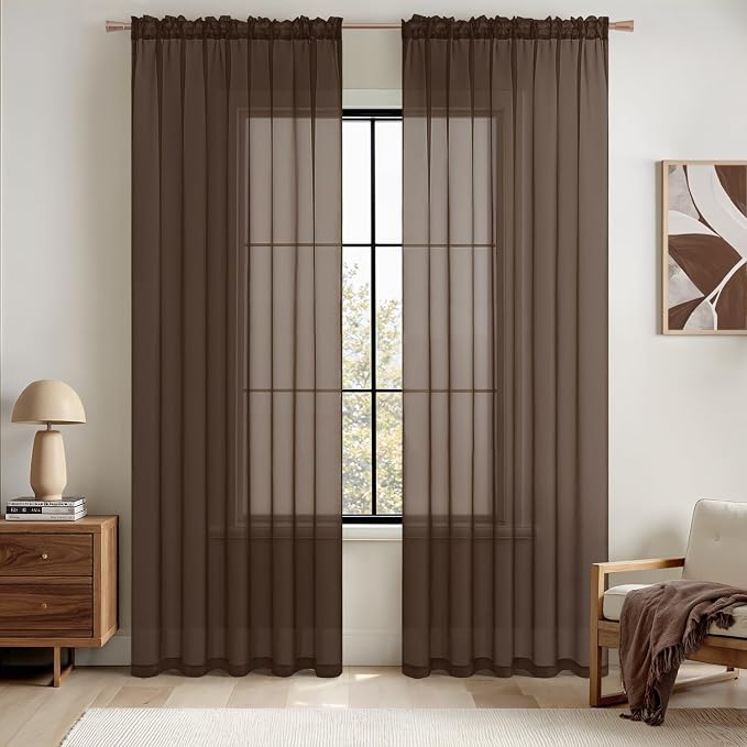 MIULEE Chocolate Brown Sheer Curtains 96 Inches Long 2 Panels, Light Filtering by MIULEE