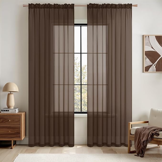 MIULEE Chocolate Brown Sheer Curtains 90 Inches Long 2 Panels, Light Filtering by MIULEE