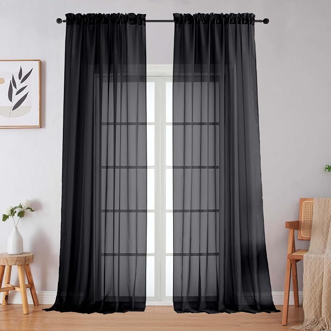 Black Sheer Curtains for Bedroom Living Room 96 Inches Long 2 Panels, Modern by WelvetBLK