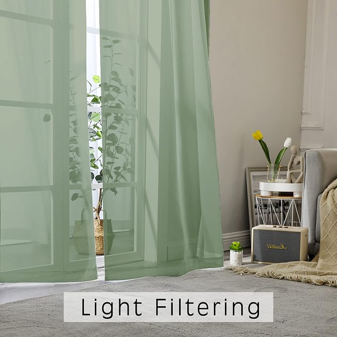OWENIE Sheer Curtains, Sage Green Sheer Curtains 63 inch Length 2 Panels Set - Image 2